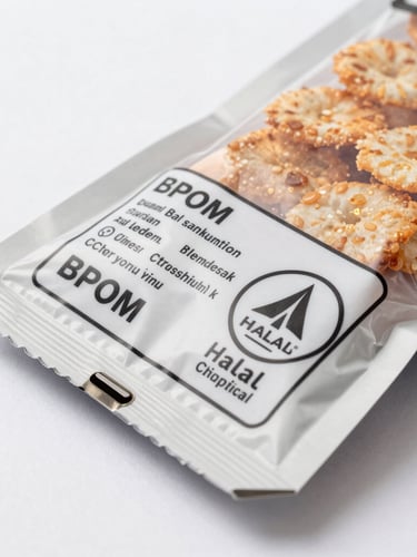 Close-up of clean imported snack packaging showing a clearly printed BPOM and Halal certification label on a neutral white studio background, bright commercial lighting