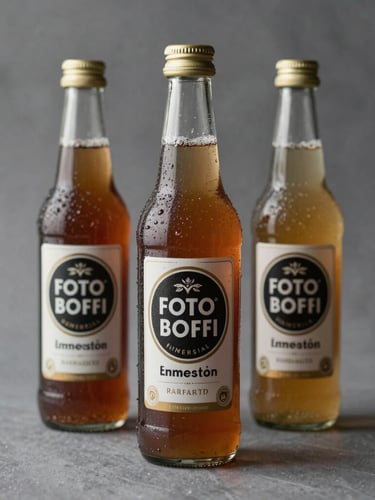 Foto studio komersial botol kopi dan kaleng teh impor premium dengan pencahayaan terang merata di atas latar belakang abu-abu terang netral.