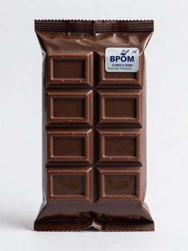 Straight-on commercial product shot of a premium dark chocolate bar packaging with a visible BPOM registration label sticker, bright studio lighting, soft shadows.