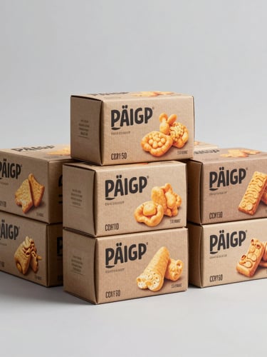 Straight-on commercial studio packshot of neatly stacked imported snack boxes on a clean light grey background, bright even lighting, soft shadows.