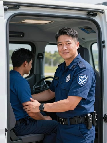 Portrait shot of a uniformed NEXUS MEDICUS INC driver gently assisting a patient into a modern, clean transport vehicle, interior visible, natural daylight, professional 35mm, crisp blue and white tones.
