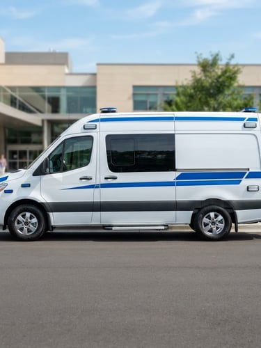 Modern branded medical transport vehicle, white with blue accents, parked cleanly, side profile, bright natural daylight, crisp blue and white tones, sharp focus, professional 35mm