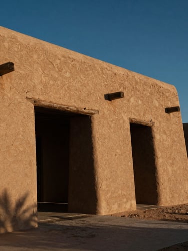 Stark, high-contrast architectural lines of a modern adobe building against a deep blue desert sky, warm late-afternoon sun casting sharp geometric shadows.