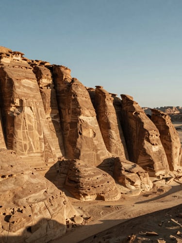 Wide panoramic view of stark, structured sandstone cliffs in the late afternoon sun, sharp architectural lines of rock formations, expansive sky, warm desert tones.