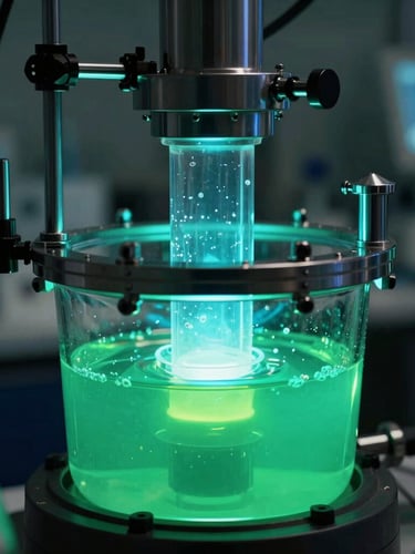 Macro photography of a modern automated chemical reactor, high-contrast laboratory lighting with vibrant cyan and emerald glows, 35mm
