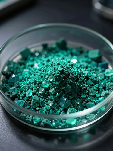 Macro close-up of pure crystalline emerald dye pigments in a laboratory petri dish, high-contrast dramatic studio lighting, vibrant cyan and emerald glows, 35mm