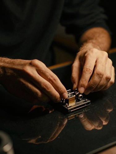 Moody editorial photography, dramatic side-lighting with warm amber highlights, close-up of hands configuring physical hardware on a matte black glass desk, 35mm film