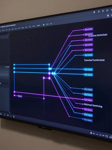 Visão isométrica em ângulo fechado de uma tela escura de automação n8n com nós conectados por linhas brilhantes azuis e roxas, interface SaaS minimalista, iluminação cibernética de fundo.