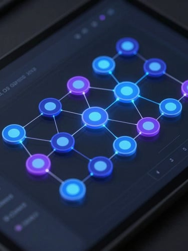 Isometric high-fidelity UI mockup of a CRM pipeline dashboard with glowing blue and purple connection nodes, clean dark mode interface, macro lens focus, cybernetic glow lighting, no text.