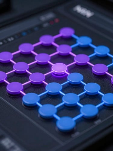 Close-up macro shot of a complex n8n automation canvas workflow, glowing purple and blue connection lines linking node blocks, high-fidelity UI layout.