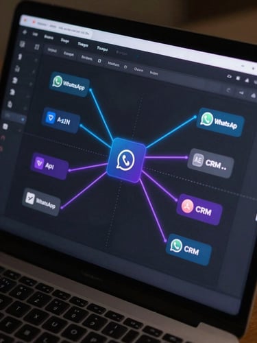 High-fidelity UI mockup of an n8n workflow canvas with glowing blue and purple connection lines, dark mode interface, showing nodes connecting to WhatsApp API and CRM.