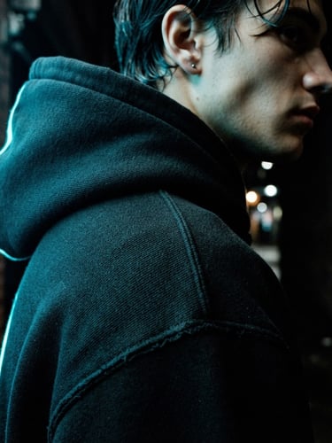 Extreme close-up of a model wearing a heavyweight black cotton hoodie in a dark urban alley, sharp electric cyan neon rim light reflecting off the structured fabric weave, cinematic 35mm lens.