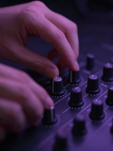Macro close-up of hands adjusting physical knobs on a premium hardware controller in low-key moody studio lighting with soft purple neon glow, shallow depth of field