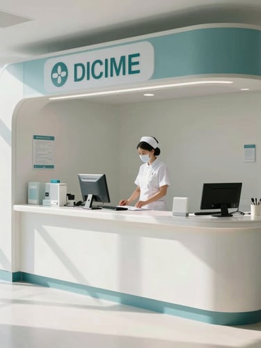 A clean architectural shot of a modern nurse's station, bright natural daylight, cool tones, unposed clinical environment.