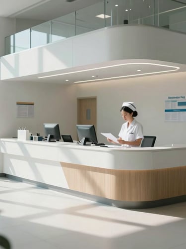 A clean architectural wide shot of a modern nurse's station bathed in cool, natural daylight, with a clinician reviewing charts on a tablet in the background.