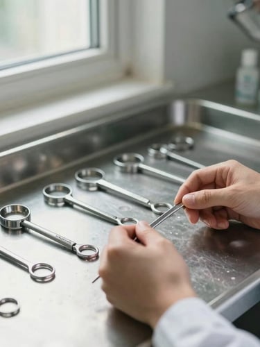 A close-up of hands organizing clinical tools on a sterile steel surface, bright daylight from a side window
