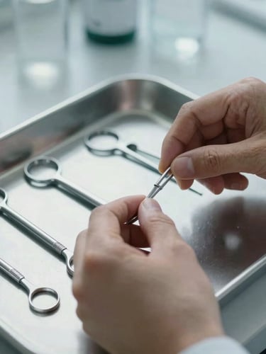 A close-up of hands organizing sterile clinical tools on a clean metal tray under cool daylight