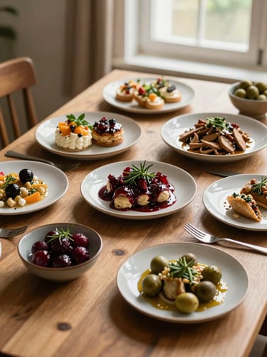 Overhead shot of a rustic wooden table filled with artisanal French dishes, warm morning light, bordeaux accents, fresh herbs.
