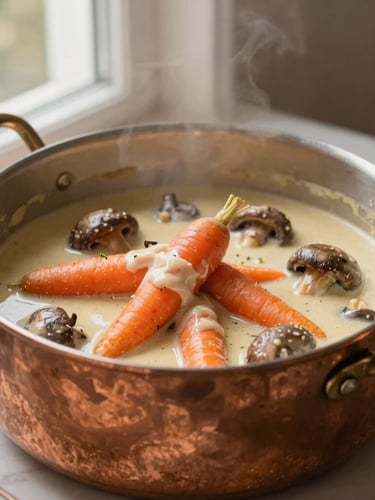 A large copper pot of traditional French blanquette de veau with fresh carrots and mushrooms, rich creamy sauce, warm bistro lighting.