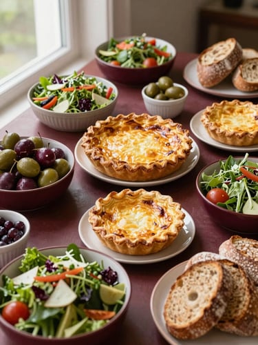 Overhead flat-lay of an abundant French buffet table with golden quiches, fresh salads, and artisanal breads, warm natural daylight, bordeaux accents