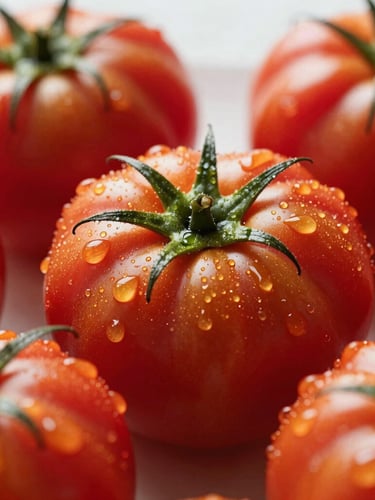 Macro photograph of vibrant organic heirloom tomatoes glistening with morning dew, soft natural side-lighting, shallow depth of field, 50mm
