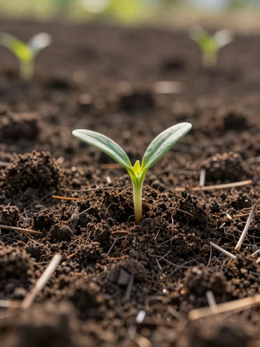 A close-up vertical shot of rich, dark cultivated organic soil with a single green sprout emerging under soft morning sunlight, shallow depth of field.