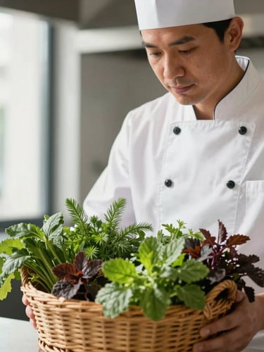 A close-up portrait of a professional chef in a clean modern kitchen, inspecting a basket of freshly harvested organic herbs under soft window light.