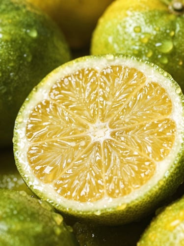 Macro shot of vibrant organic citrus fruits, cut in half to show glistening pulp, glistening droplets of water, soft side light, rich emerald and gold tones, 50mm