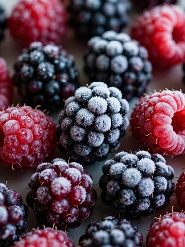 Pristine close-up of individually quick frozen organic wild blackberries and raspberries, glistening with light frost crystals, soft natural side-lighting, rich dark shadows, shallow depth of field, 50mm