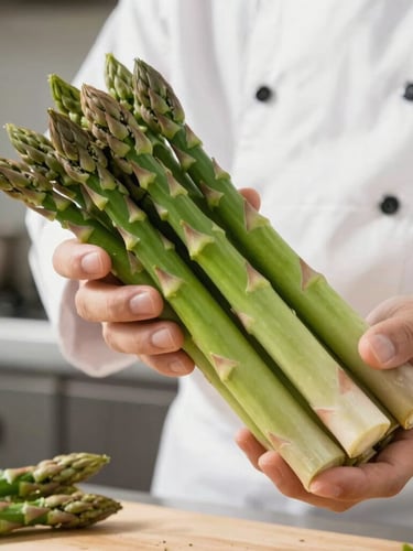A professional chef in a clean, modern kitchen inspecting pristine fresh green asparagus stalks under soft side-lighting, macro texture, 50mm