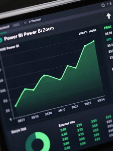 Macro shot of a dark-themed Power BI dashboard showing price elasticity curves and margin metrics with terminal green accents, clean lines, no clutter.