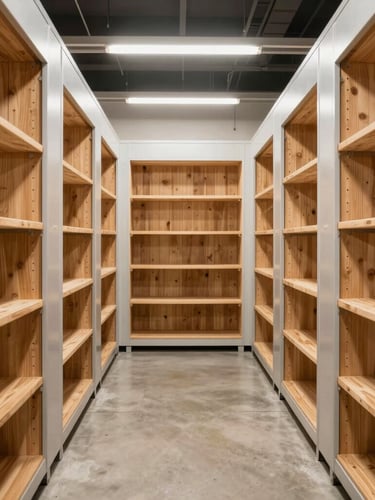 Straight-on symmetrical shot of an open, clean climate-controlled storage unit interior, showing organized wooden shelving, bright warm lighting, and pristine concrete floor.