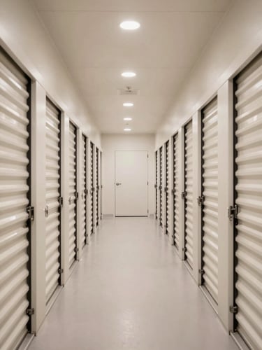 Bright architectural photography of a pristine self-storage facility corridor, symmetrical composition, warm neutral tones, clean interior lighting casting soft shadows, rows of secure storage units with clean metal doors, sharp focus, professional editorial style.