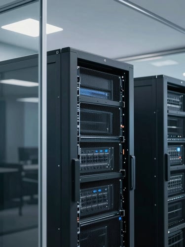 A clean, architectural medium shot of a high-tech corporate office interior, server racks visible behind glass, cool blue undertones, sharp focus