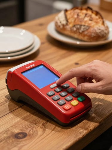 Close-up shot of a finger tapping a sleek crimson POS terminal screen on a rustic wooden counter, soft warm indoor ambient light, ceramic plates and fresh artisanal sourdough bread blurred in the background.