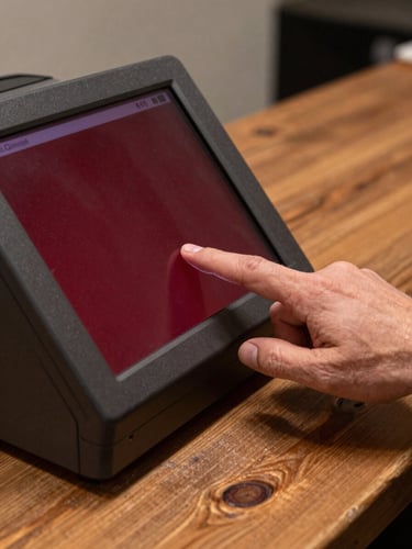 Tactile close-up of a hand tapping a deep crimson POS terminal screen on a rustic wooden counter, soft side lighting, flour dust visible on the wood.