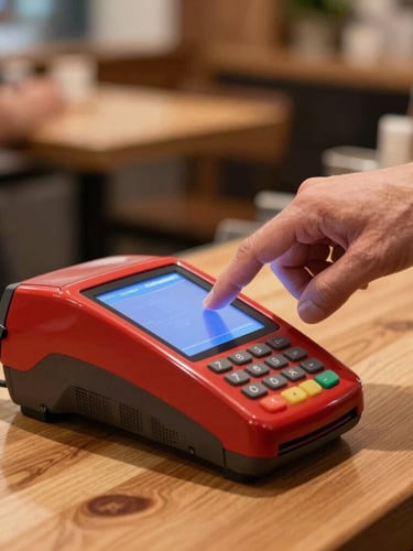 A close-up, warm-toned photograph of a chef's hand tapping a crimson POS terminal screen in a cozy Scandinavian-style bistro, natural wood counter, soft ambient light.