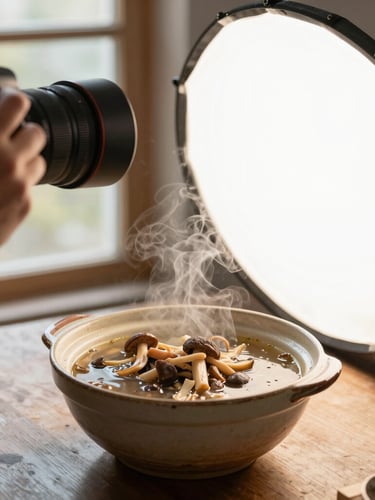 Behind-the-scenes shot of a photographer adjusting a reflector beside a rustic ceramic bowl of steaming wild mushroom soup, soft north-facing window light.