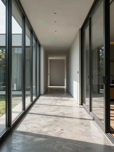 Close-up wide shot of a completed modernist residential interior corridor, polished concrete floor meeting floor-to-ceiling glass panels, diffused daylight casting long geometric shadows across the surface, no people, no furniture styling, framed for material and spatial geometry