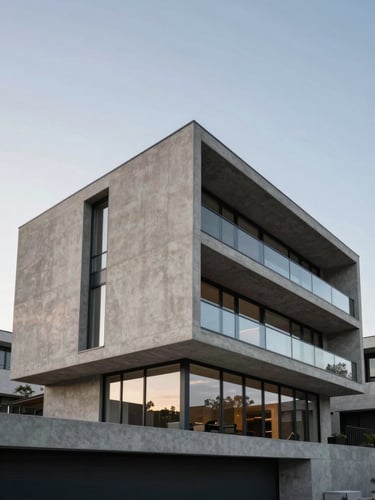 Wide architectural exterior of a contemporary high-end residence, concrete and glass facade photographed from a low angle at dusk, clean geometric lines, soft diffused light revealing material texture, generous negative space in upper sky, no people