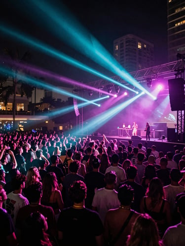 Wide environmental shot of a packed Miami nightclub at peak hour, stage lights cutting through smoke in cyan and magenta beams, crowd at full energy, shot from above-right looking toward the stage, high-contrast night photography