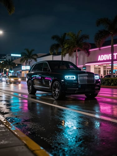 Wide cinematic frame, a black luxury SUV accelerating through a Miami boulevard at midnight, neon cyan and magenta street reflections streaking across wet asphalt, motion blur on the wheels, venue signage glowing in the far background, dark sky above