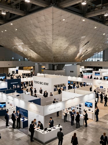 Wide environmental shot of the Tokyo Big Sight floor, bright high-energy exhibition hall lighting, bustling booths with business negotiations.
