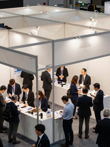 A bright high-angle shot of structured exhibition booths at Tokyo Big Sight, crowds of professional buyers negotiating at tables