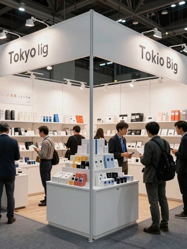 Wide environmental shot of a bustling Tokyo Big Sight exhibition booth, clean modern display shelves with licensed goods, professional trade visitors in discussion under bright hall lighting.