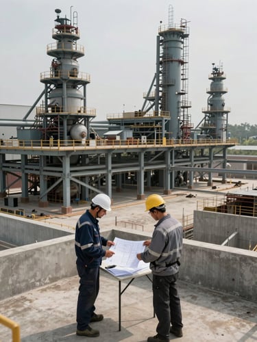 Wide elevated view of a completed industrial facility at overcast daylight, two engineers in work gear reviewing printed plans on a folding table in the foreground, structural steel and concrete visible behind them, no posed expressions, documentary framing
