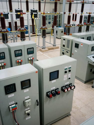Close overhead view of an electrical substation control room, relay panels and switchgear in clean daylight, cables routed and labeled, no personnel — a documented commissioned system