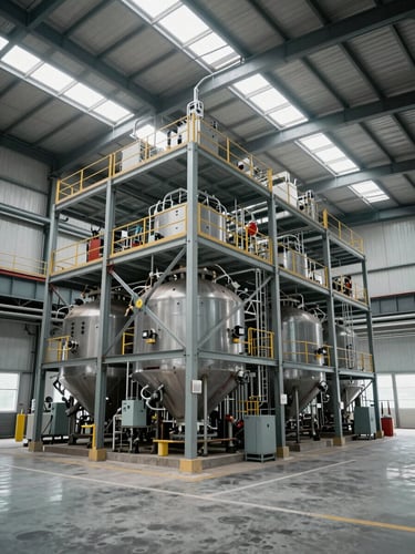 Interior wide-angle view of a completed industrial processing facility, steel mezzanine structure and equipment installed, clean overcast daylight through skylights, no workers present — a documented operational environment