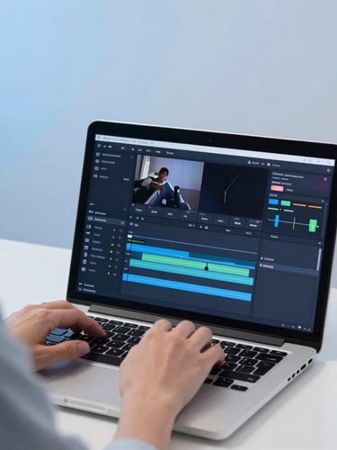 Close-up over-the-shoulder shot of a video editor working on a high-end laptop, glowing screen showing timeline, clean minimalist studio setup, soft blue ambient light