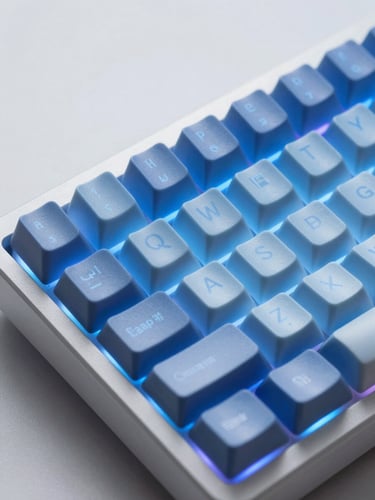 Close-up macro shot of a high-end mechanical keyboard with custom keycaps under cool blue studio LED backlighting, sharp details, minimalist composition